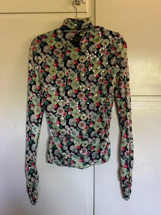 Cinq a Sept Floral Sequin Ruched Funnel Neck Mesh Top Size Medium - Picture 9 of 15